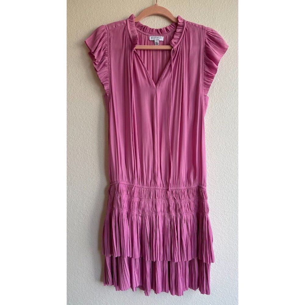 Current Air Zoey Pleated Drop Waist Flutter Sleeve Mini Dress in Pink size Small